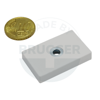 Rubberised magnet system with hole and countersink rectangular white | © Brugger GmbH