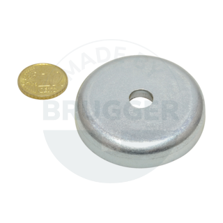 Pot magnet of NdFeB steel housing punched with bore and countersink galvanised 47mm | © Brugger GmbH