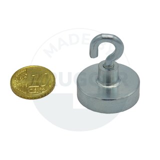 Pot magnet made of NdFeB, steel housing as a complete system with galvanised hook ⌀25mm | © Brugger GmbH