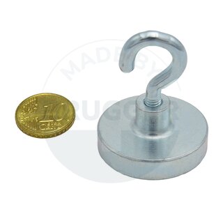 Pot magnet made of NdFeB, steel housing as a complete system with galvanised hook ⌀32mm | © Brugger GmbH