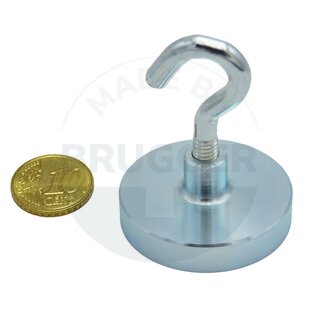 Aimant en pot en NdFeB, boîtier en acier comme système complet avec crochet galvanisé ⌀40mm | © Brugger GmbH