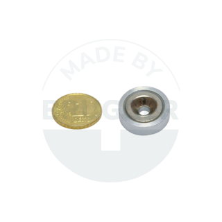 Pot magnet of NdFeB steel housing with bore and countersink galvanised 20mm | © Brugger GmbH