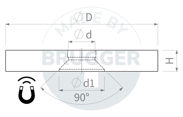technische Zeichnung gummiertes Magnetsystem mit Bohrung und Senkung rund | © Brugger GmbH