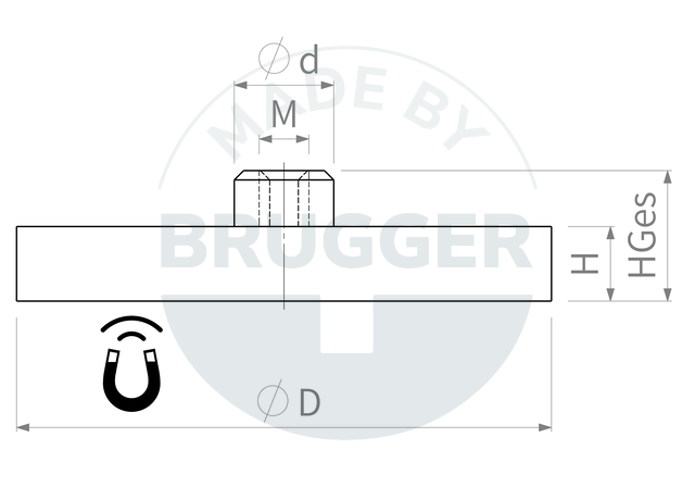 technische Zeichnung gummiertes Magnetsystem mit Gewindebuchse rund | © Brugger GmbH