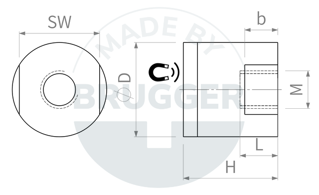 technische Zeichnung Topfmagnete aus NdFeB mit innengewinde und gummierter Haftfläche | © Brugger GmbH