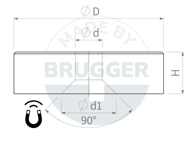 technische Zeichnung Topfmagnete aus NdFeB mit Bohrung und Senkung verzinkt | © Brugger GmbH