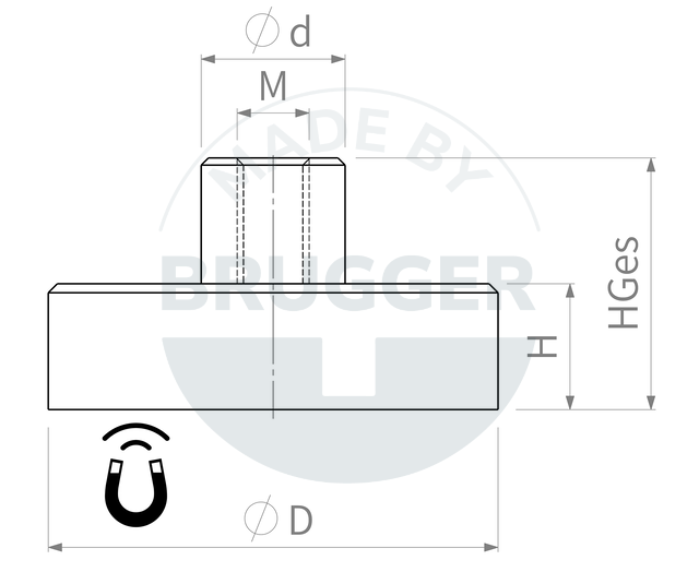 technische Zeichnung Topfmagnete aus NdFeB mit Gewindebuchse verzinkt | © Brugger GmbH