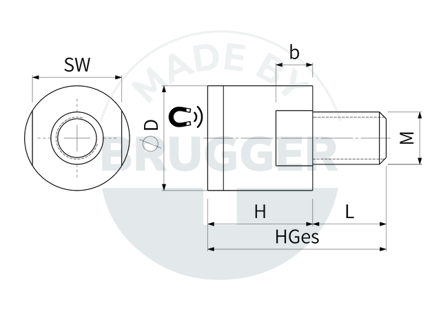 technische Zeichnung Topfmagnete aus NdFeB mit Außengewinde und gummierter Haftfläche | © Brugger GmbH